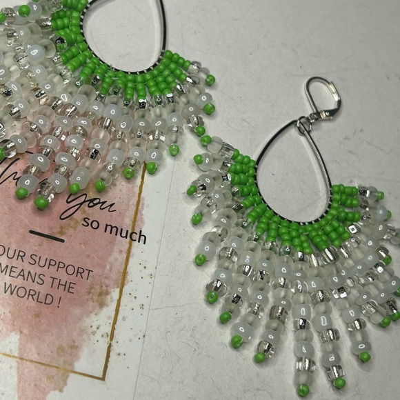 Vibrant Green and Silver Beaded Drop Earrings - Picture 3 of 3